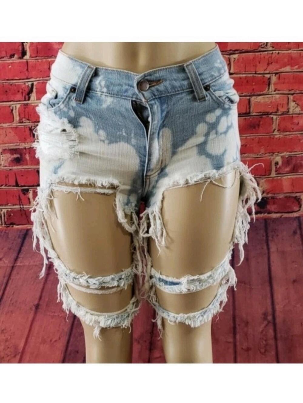 GJG DENIM Women's Size Small Blue ACID-WASHED SHORTS Destroyed NEW